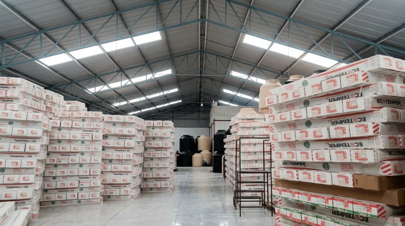 Interior real de la bodega de SOLCAE en Ecatepec: nave industrial con inventario de calentadores solares y tinacos Ecotemper apilado hasta el techo, listo para surtir pedidos.