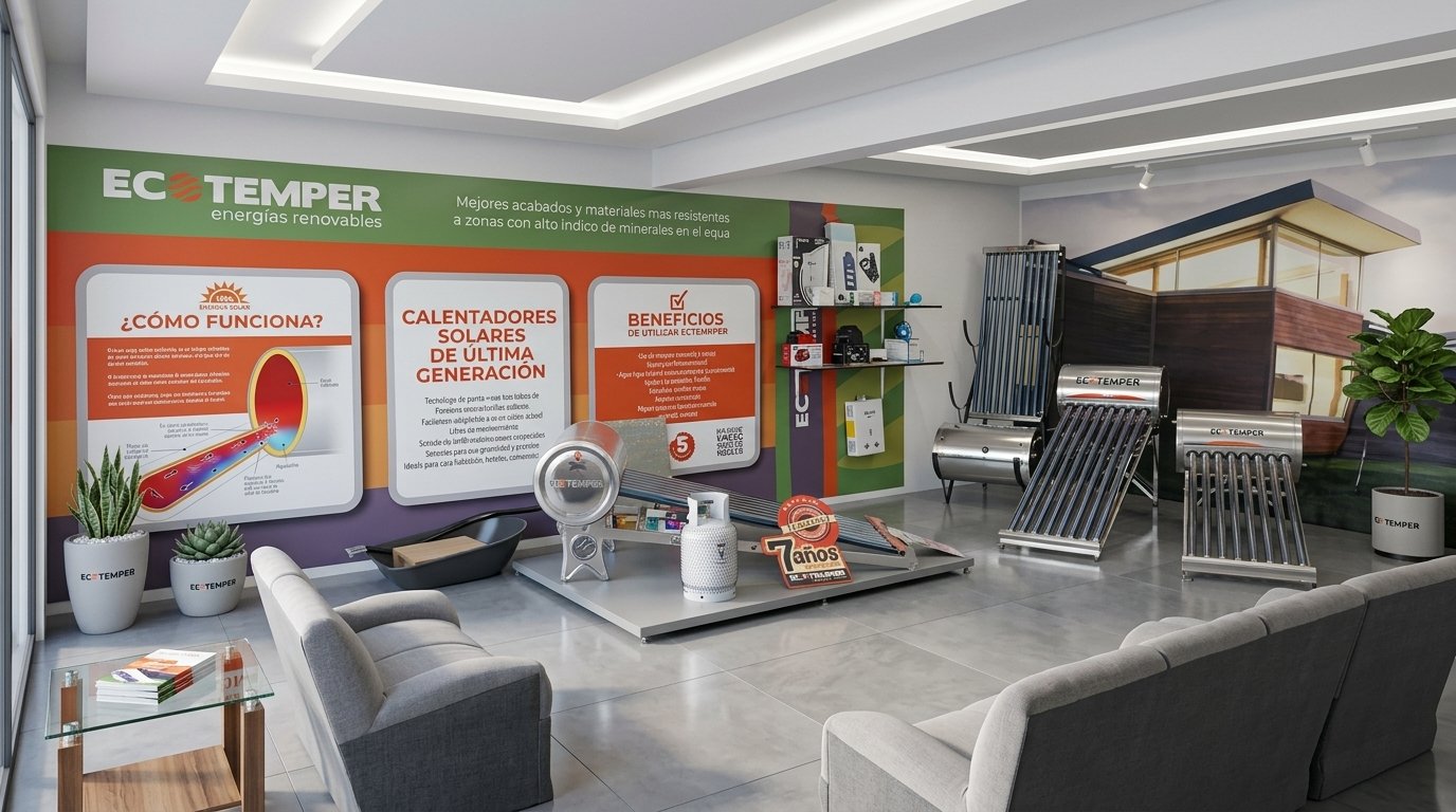 Sala de exhibición de SOLCAE con banners informativos y calentadores de muestra.